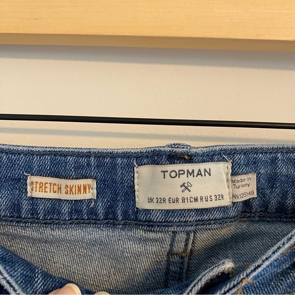 Topman‎ Stretch Skinny Destroyed Ripped Distressed Denim Blue Jeans Size 32R - Picture 4 of 7